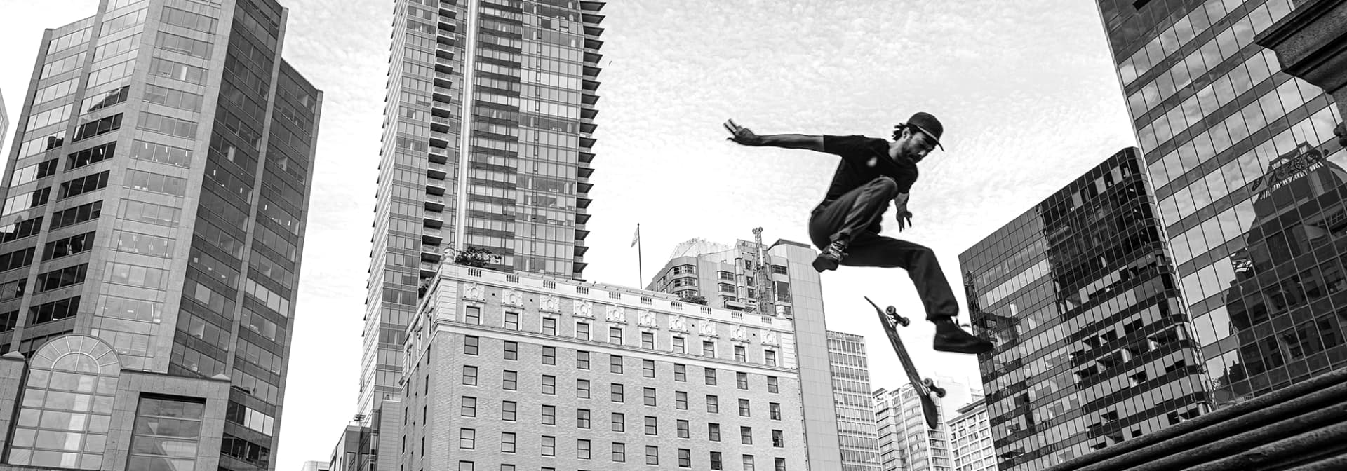 Contracultura collection hero — urban culture street photography in Vancouver by Miguel Franco, skaters, b-boys and parkour on 16mm.